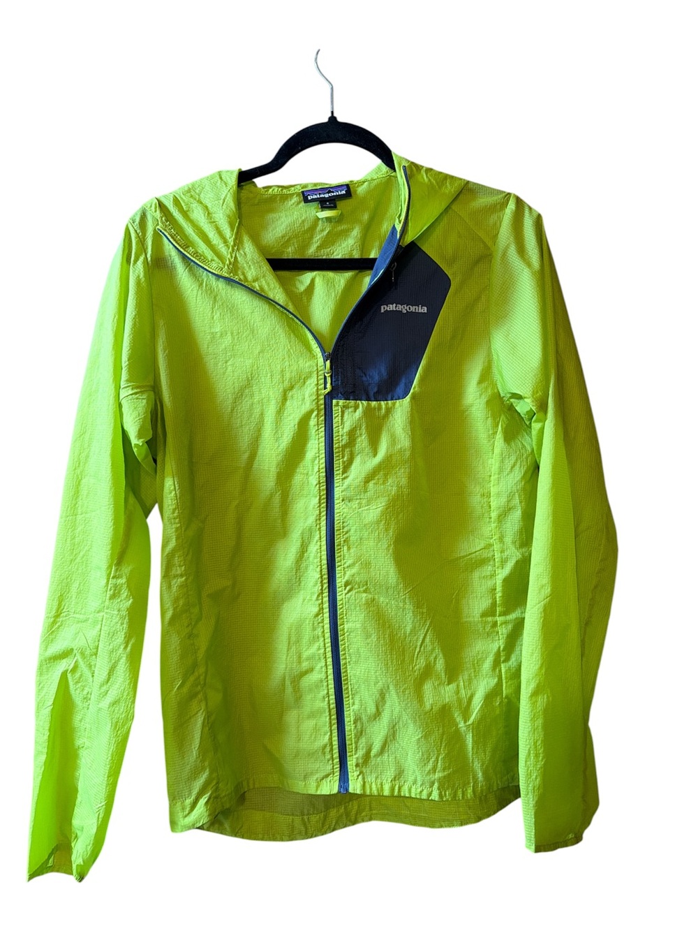 Patagonia Lime Green Windbreaker with Navy Chest Accent and pocket